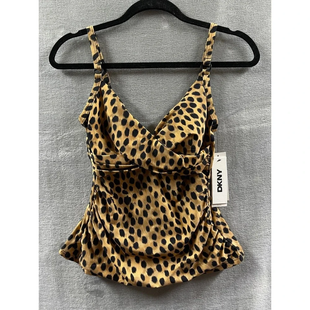 DKNY Womens Leopard Print Tankini Top‎ Brown Black Ruched Swimwear Sz S $60